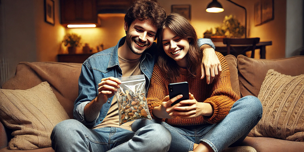 Ein Paar berechnet die Dosierung für Pilze mit einem Smartphone.