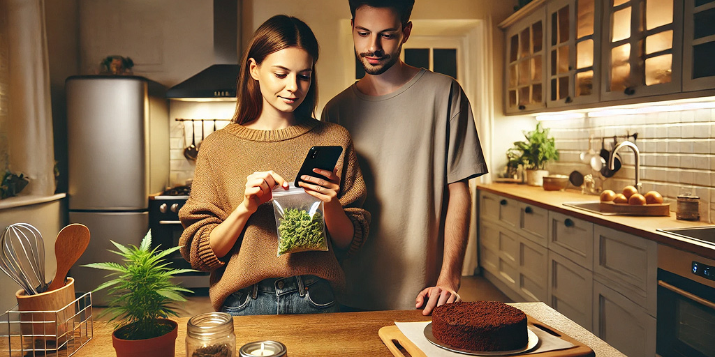 Ein junger Mann und eine junge Frau berechnen die Menge an Cannabis für einen Spacecake mit einem Smartphone in einer modernen, gemütlichen Küche.