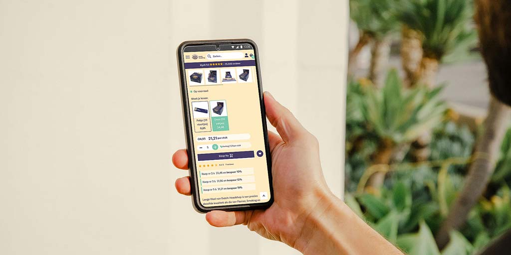 Dutch Headshop Produktseite auf einem Smartphone, auf der der Staffelrabatt erklärt wird.