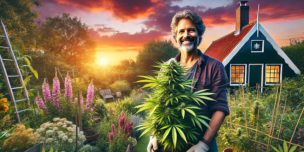 Ein Mann zeigt stolz seine Cannabispflanze in einem typisch niederländischen Garten während eines wunderschönen Sonnenuntergangs.